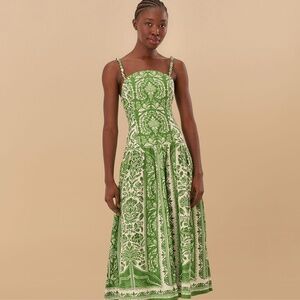 Farm Rio Green Delicate Tapestry Euroflax™ Premium Linen Midi Dress XL